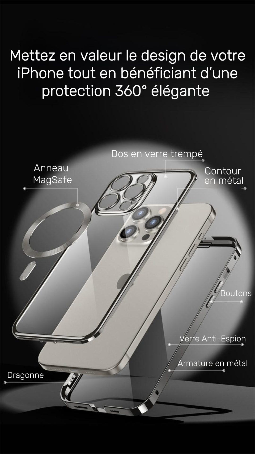 Coque Anti‑Espion Magnétique 360° – Double Face Métal & Verre